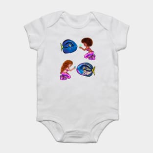 Best fishing gifts for fish lovers 2022. anime mermaid with blue tang fish and bubbles. Pretty black  and white girls with Afro hair, green eyes, Cherry pink lips and dark brown skin. Hair love ! Baby Bodysuit